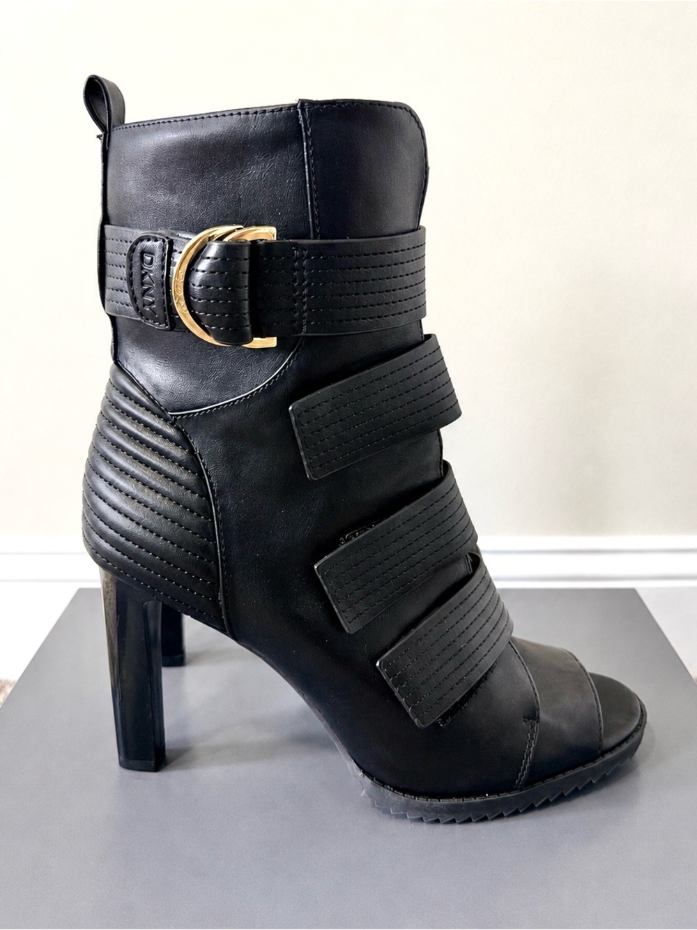 DKNY Women's Black Peep Toe Multi-Strap Moto Heel Boots Size 9.5M - New